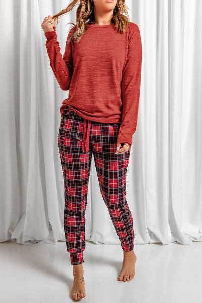 Round Neck Top and Drawstring Plaid Pants Lounge Set  Southern Soul Collectives