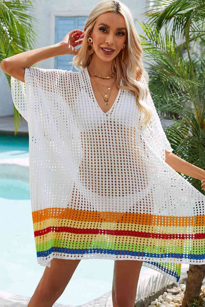 Rainbow Stripe Openwork Slit Cover-Up  Southern Soul Collectives