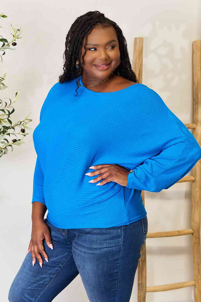 Round Neck Dolman Sleeve Ribbed Knit Blouse in Cobalt Blue - Southern Soul Collectives