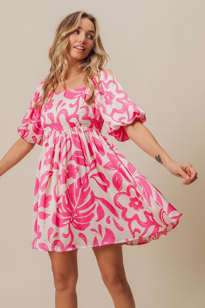 Tropical Floral Pattern Puff Sleeve Square Neck Dress in Fuchsia  Southern Soul Collectives
