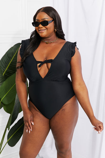 Swim Seashell Ruffle Sleeve One-Piece Swimsuit in Black  Southern Soul Collectives 