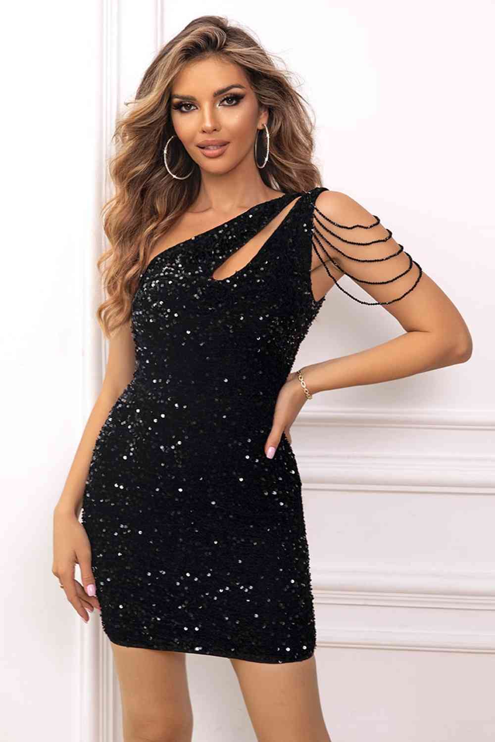 One Shoulder Sequin Sleeveless Mini Dress in Multiple Colors