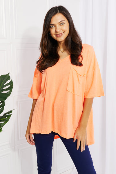 Zenana Neon Lights Raw Edge Pocket Tee in Coral  Southern Soul Collectives 