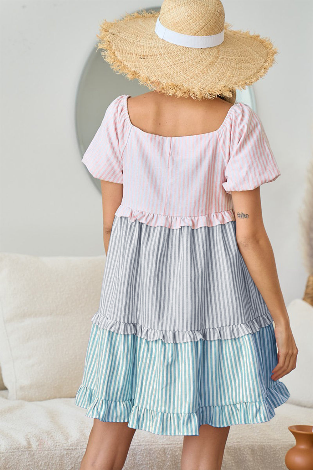 Multi-colored Square Neck Puff Sleeve Ruffled Hem Tiered Dress  Southern Soul Collectives