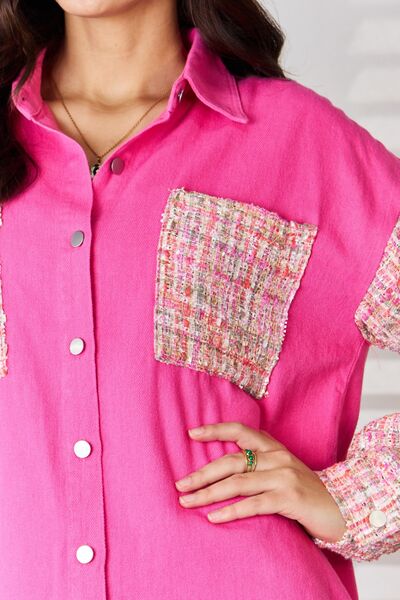 Tweed Detailed Button Down Raw Hem Shacket in Fuchsia  Southern Soul Collectives