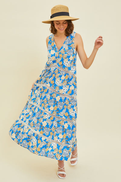 Printed Crochet Trim Maxi Dress in Blue Southern Soul Collectives