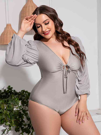 Plus Size Tied Deep V Balloon Sleeve One-Piece Swimsuit  Southern Soul Collectives