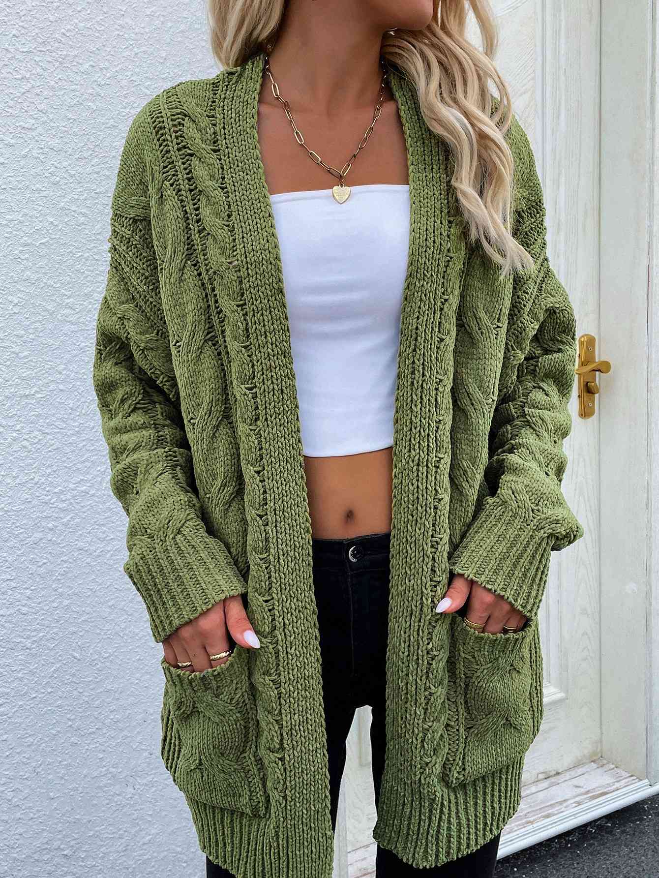 Woven Right Cable-Knit Open Front Cardigan with Front Pockets  Southern Soul Collectives