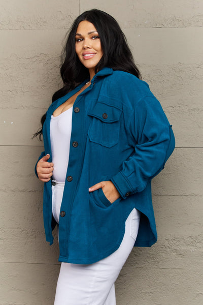 Zenana Cozy in the Cabin Full Size Fleece Elbow Patch Shacket in Teal  Southern Soul Collectives 
