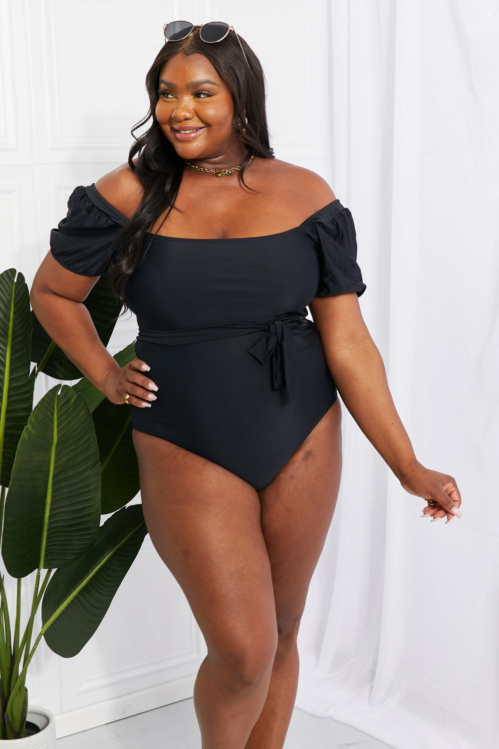 Salty Air Puff Sleeve One-Piece Swimsuit in Black  Southern Soul Collectives 
