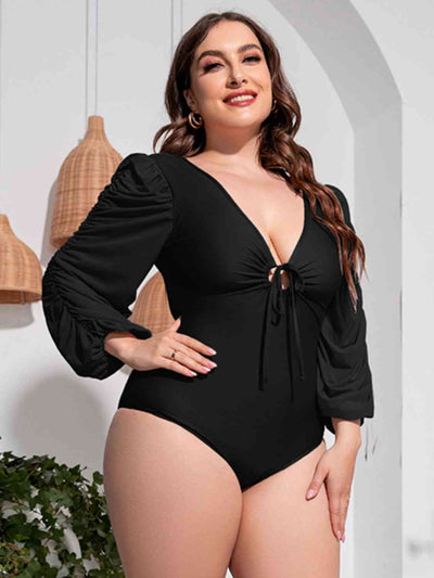 Plus Size Tied Deep V Balloon Sleeve One-Piece Swimsuit  Southern Soul Collectives