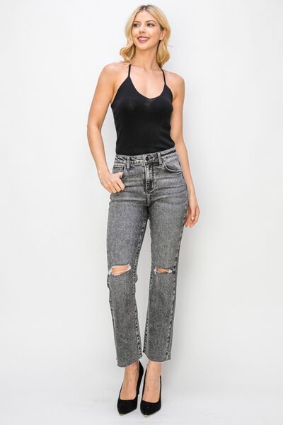 RISEN High Waist Distressed Straight Jeans in Acid Black  Southern Soul Collectives