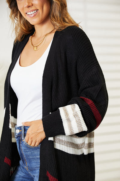 Double Take Striped Rib-Knit Drop Shoulder Open Front Cardigan  Southern Soul Collectives 