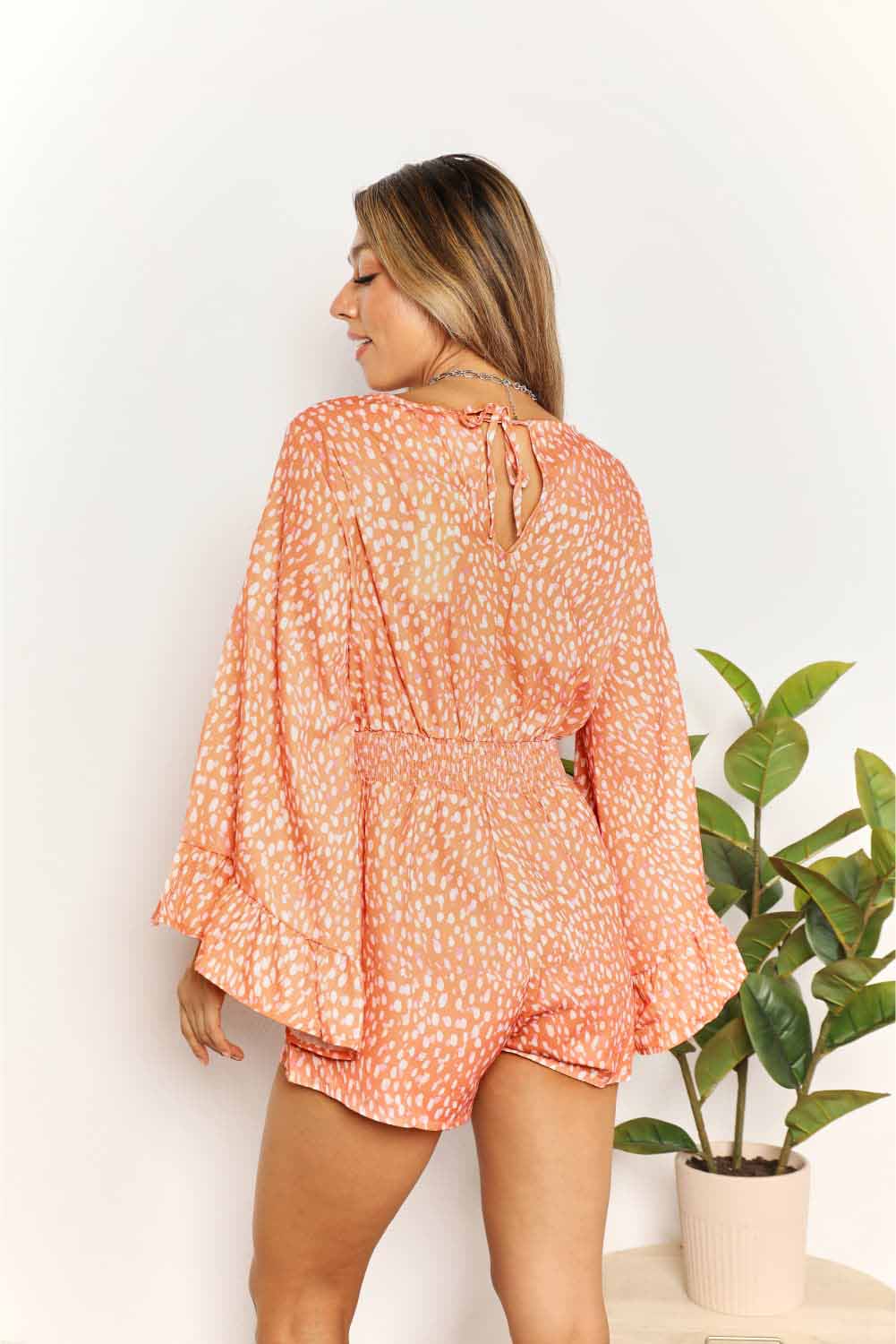 Pretty in Peach Printed Flare Sleeve Surplice Romper Southern Soul Collectives