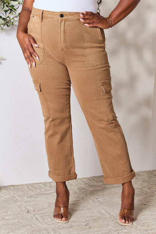 Risen High Waist Straight Cargo Jeans with Pockets in Camel