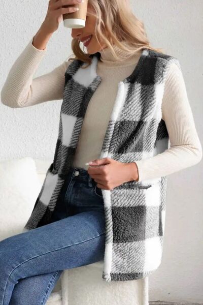 Sherpa Plaid Open Front Vest Coat  Southern Soul Collectives