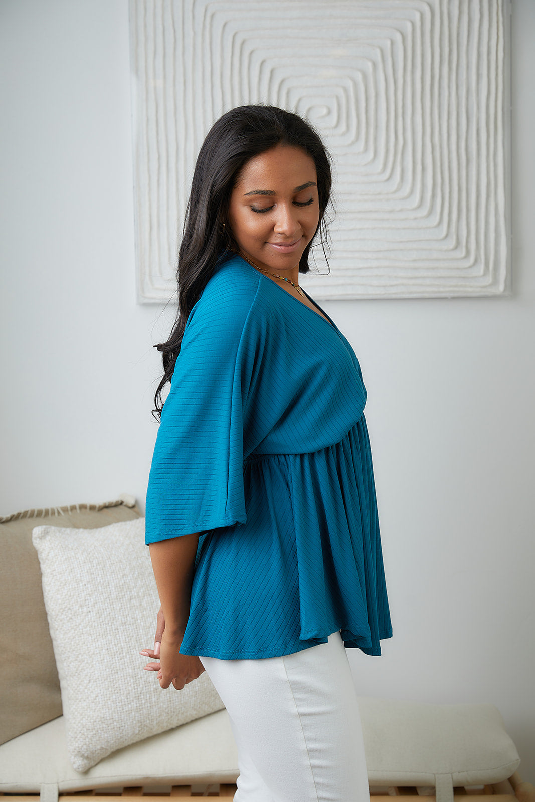 Storied Moments Draped Peplum Top in Teal Womens Southern Soul Collectives 