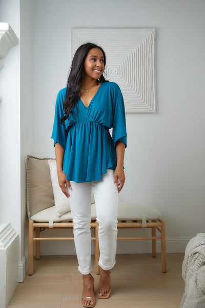 Storied Moments Draped Peplum Top in Teal Womens Southern Soul Collectives 
