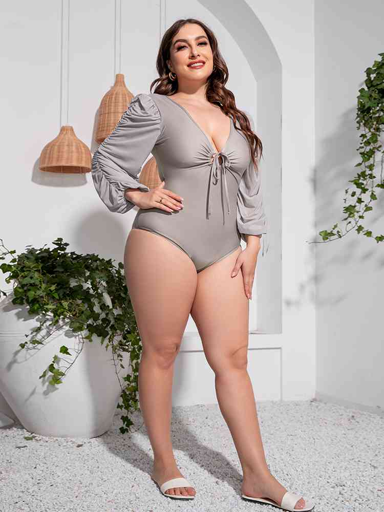 Plus Size Tied Deep V Balloon Sleeve One-Piece Swimsuit  Southern Soul Collectives