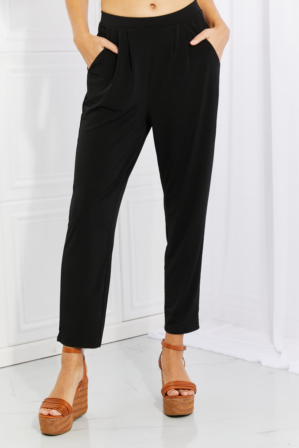 Zenana Amelia Black Cropped Pleated Pants  Southern Soul Collectives 