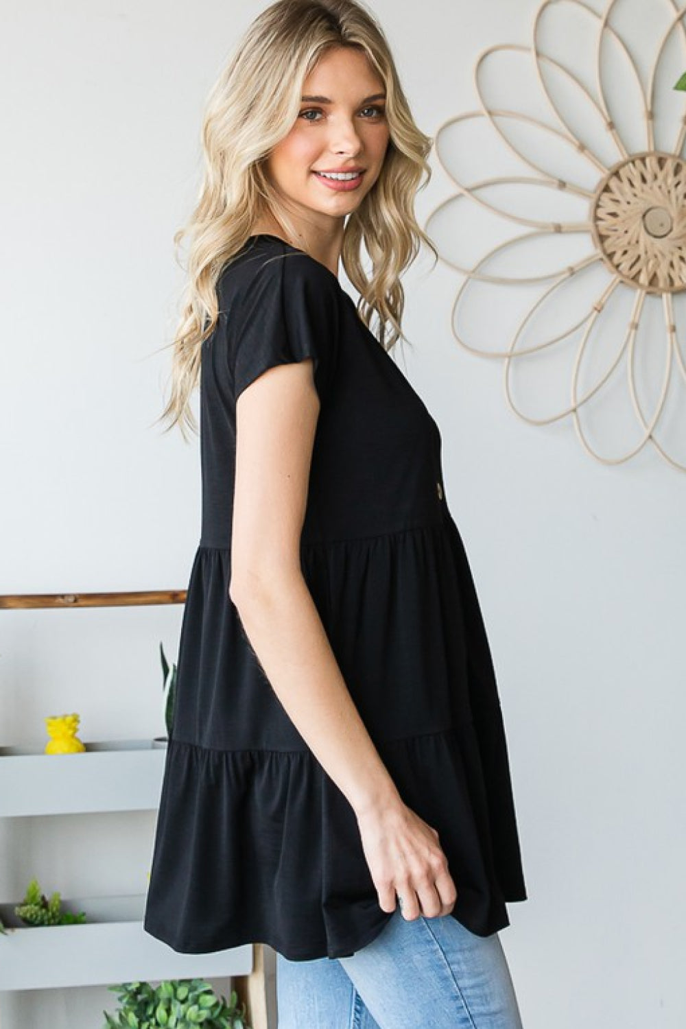 Heimish Buttoned V-Neck Tiered Top in Black  Southern Soul Collectives 