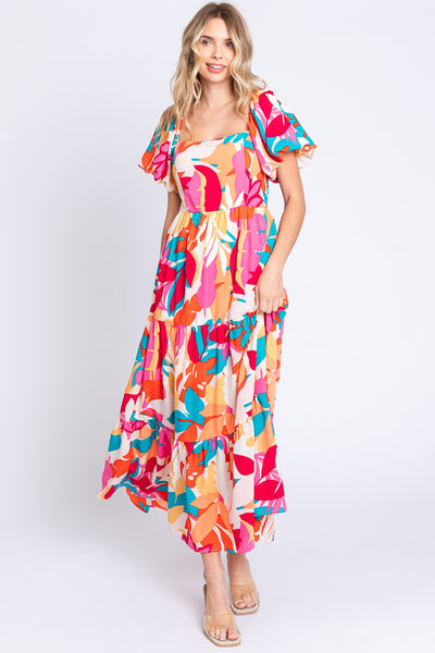 Bold Print Smocked Back Puff Sleeve Tiered Maxi Dress Southern Soul Collectives
