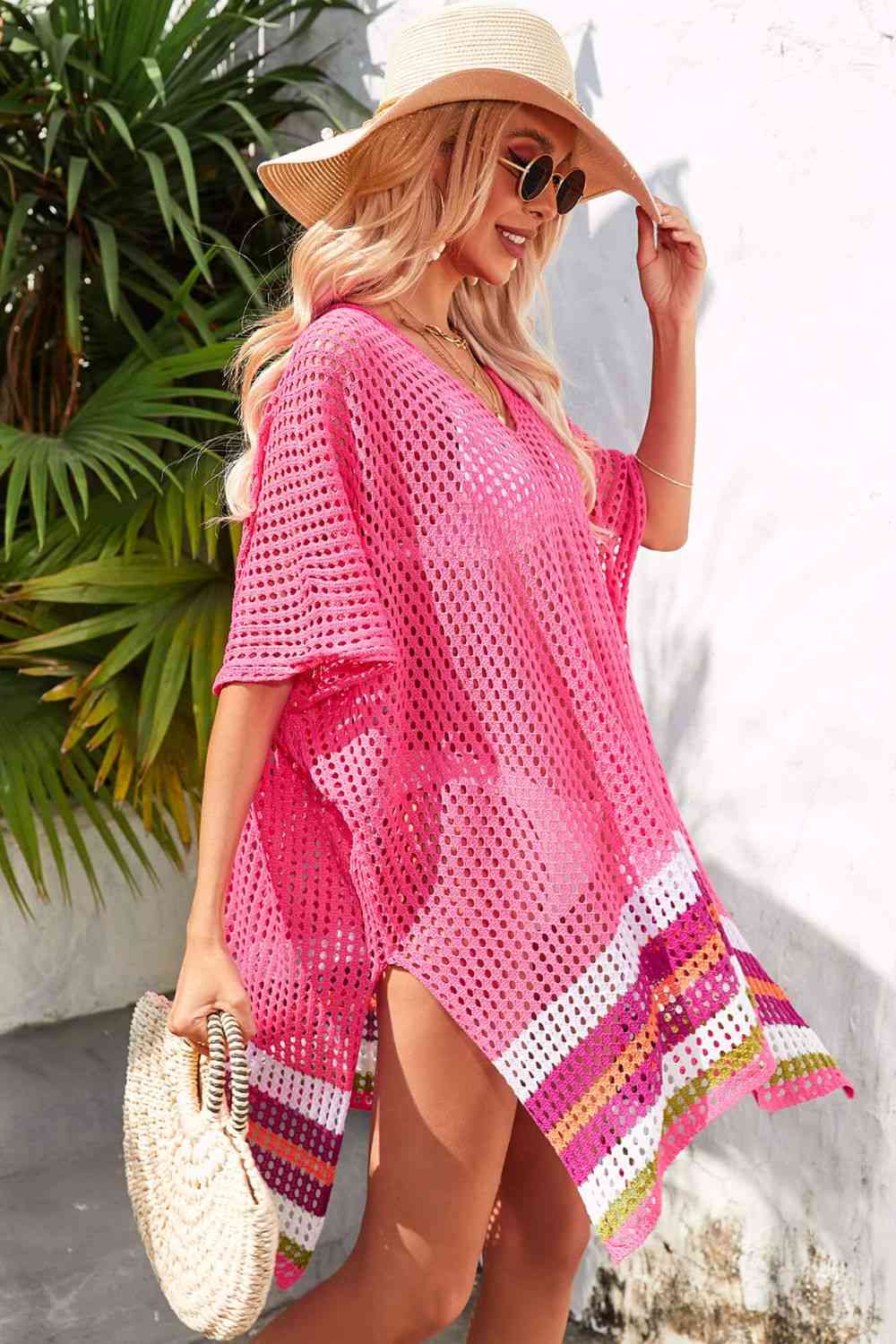 Rainbow Stripe Openwork Slit Cover-Up  Southern Soul Collectives