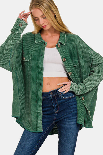 Button Up Mineral Washed Waffle Shacket in Green  Southern Soul Collectives