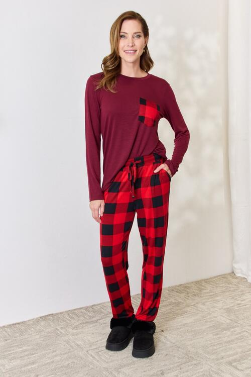 Plaid Round Neck Top and Pants Pajama Set in Red  Southern Soul Collectives