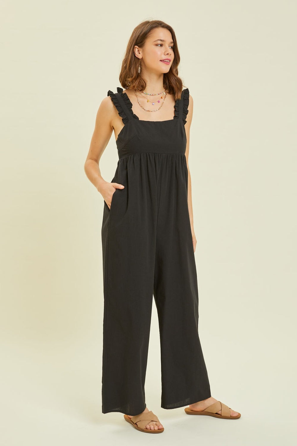 Ruffled Strap Back Tie Wide Leg Jumpsuit in Black Southern Soul Collectives
