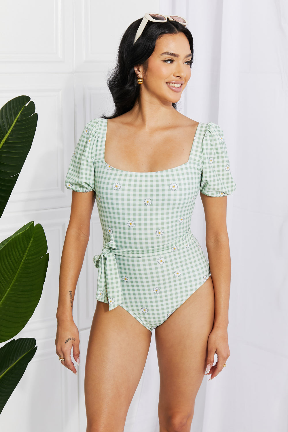 Salty Air Puff Sleeve Gingham One-Piece Swimsuit in Sage  Southern Soul Collectives 