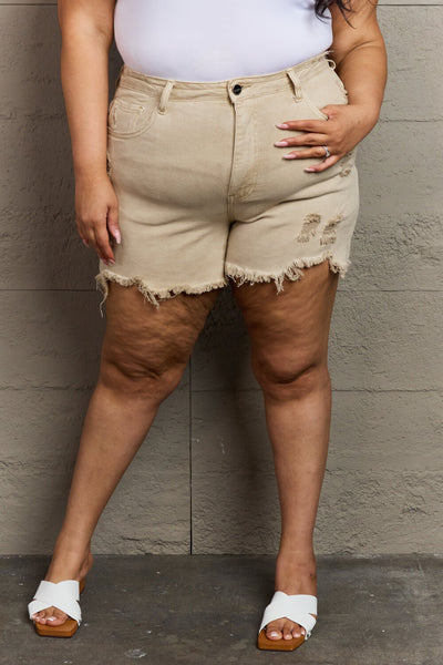 RISEN Katie Full Size High Waisted Distressed Shorts in Sand  Southern Soul Collectives 