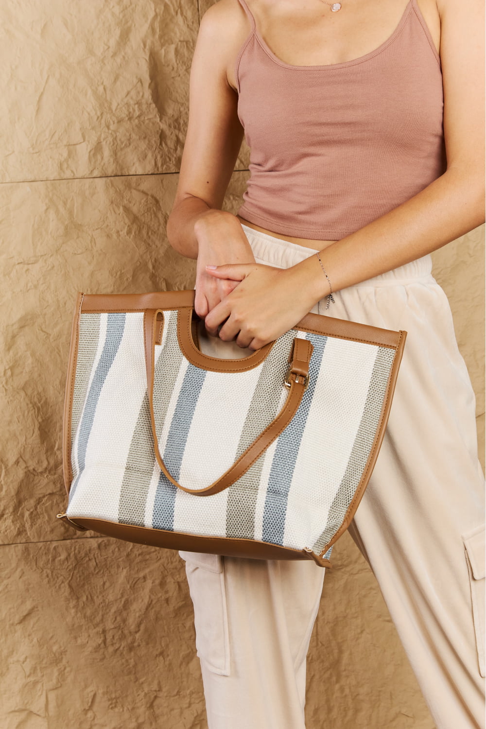 Fame Striped In The Sun Faux Leather Trim Tote Bag  Southern Soul Collectives 