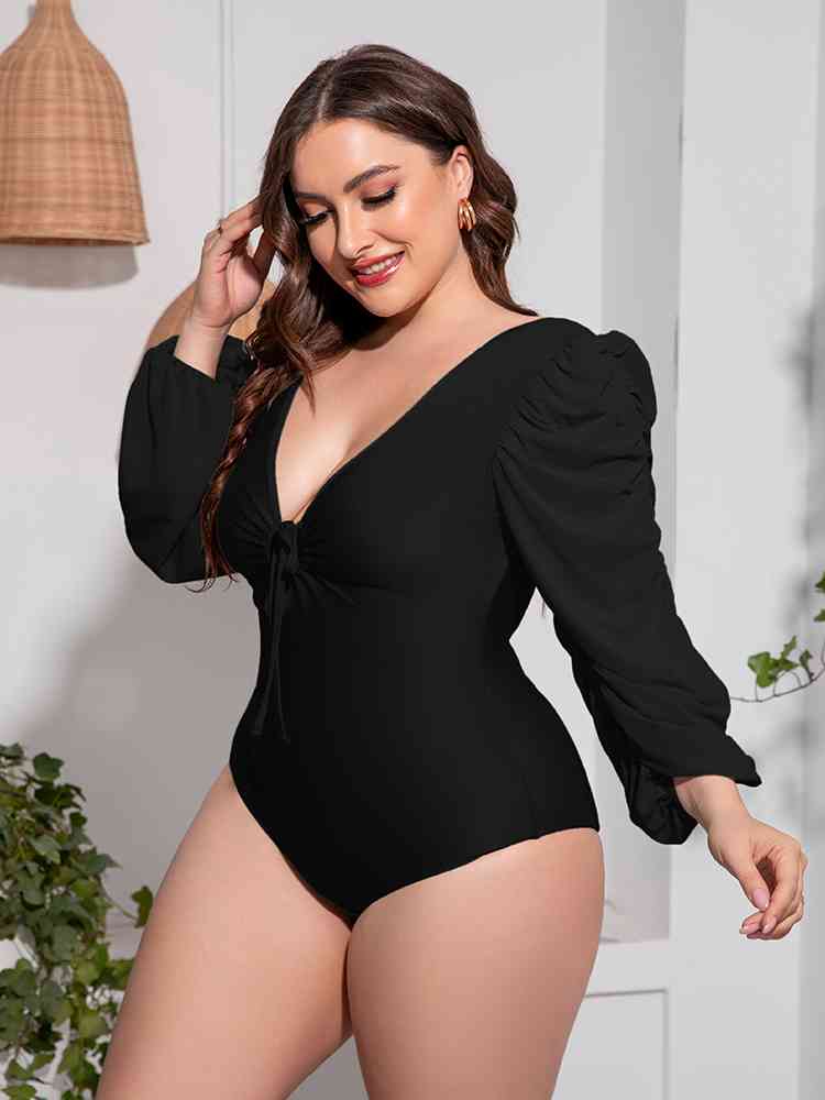 Plus Size Tied Deep V Balloon Sleeve One-Piece Swimsuit  Southern Soul Collectives