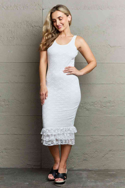 No Doubts Sleeveless Bodycon Bottom Hem Ruffle Midi Dress in Off White  Southern Soul Collectives