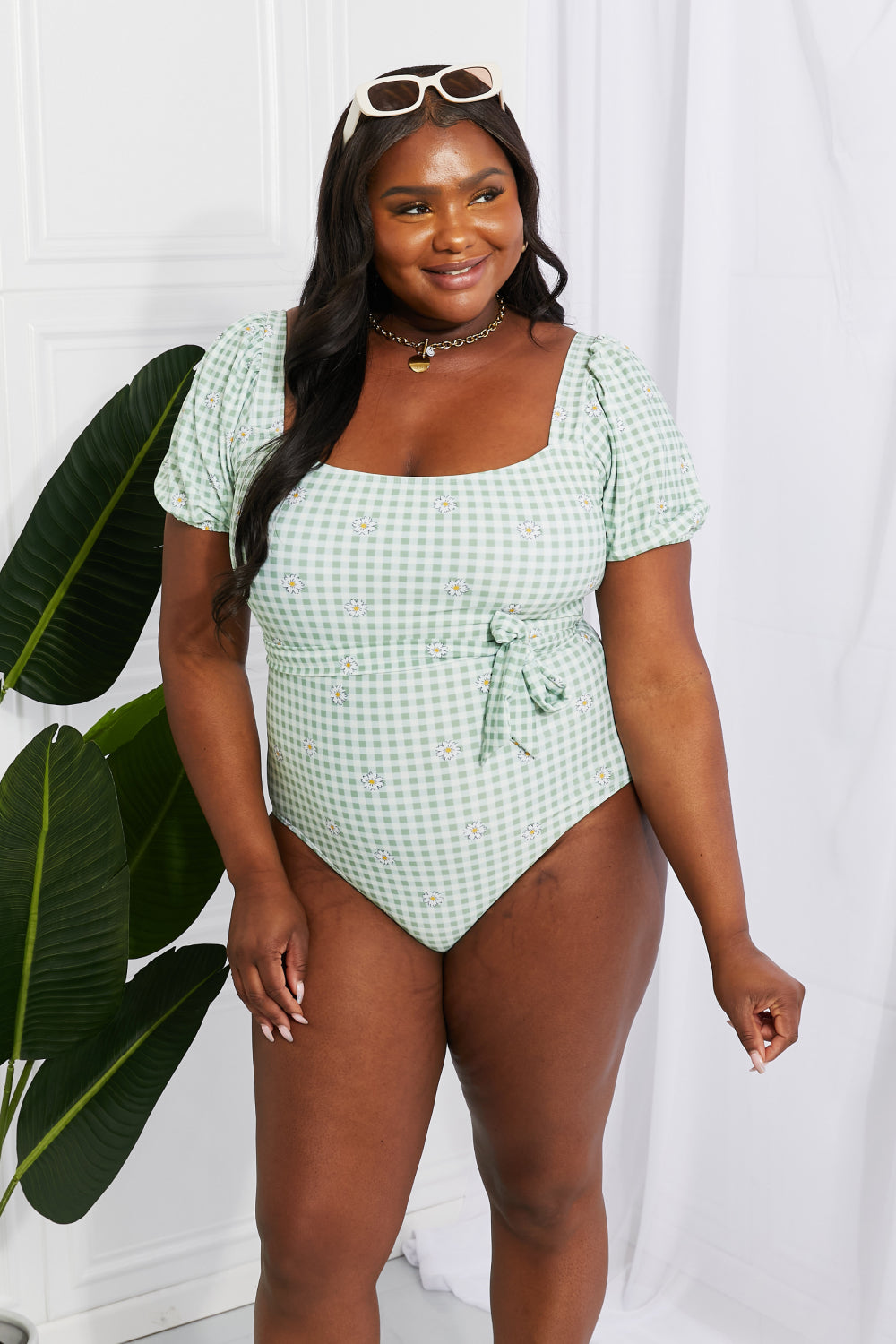 Salty Air Puff Sleeve Gingham One-Piece Swimsuit in Sage  Southern Soul Collectives 