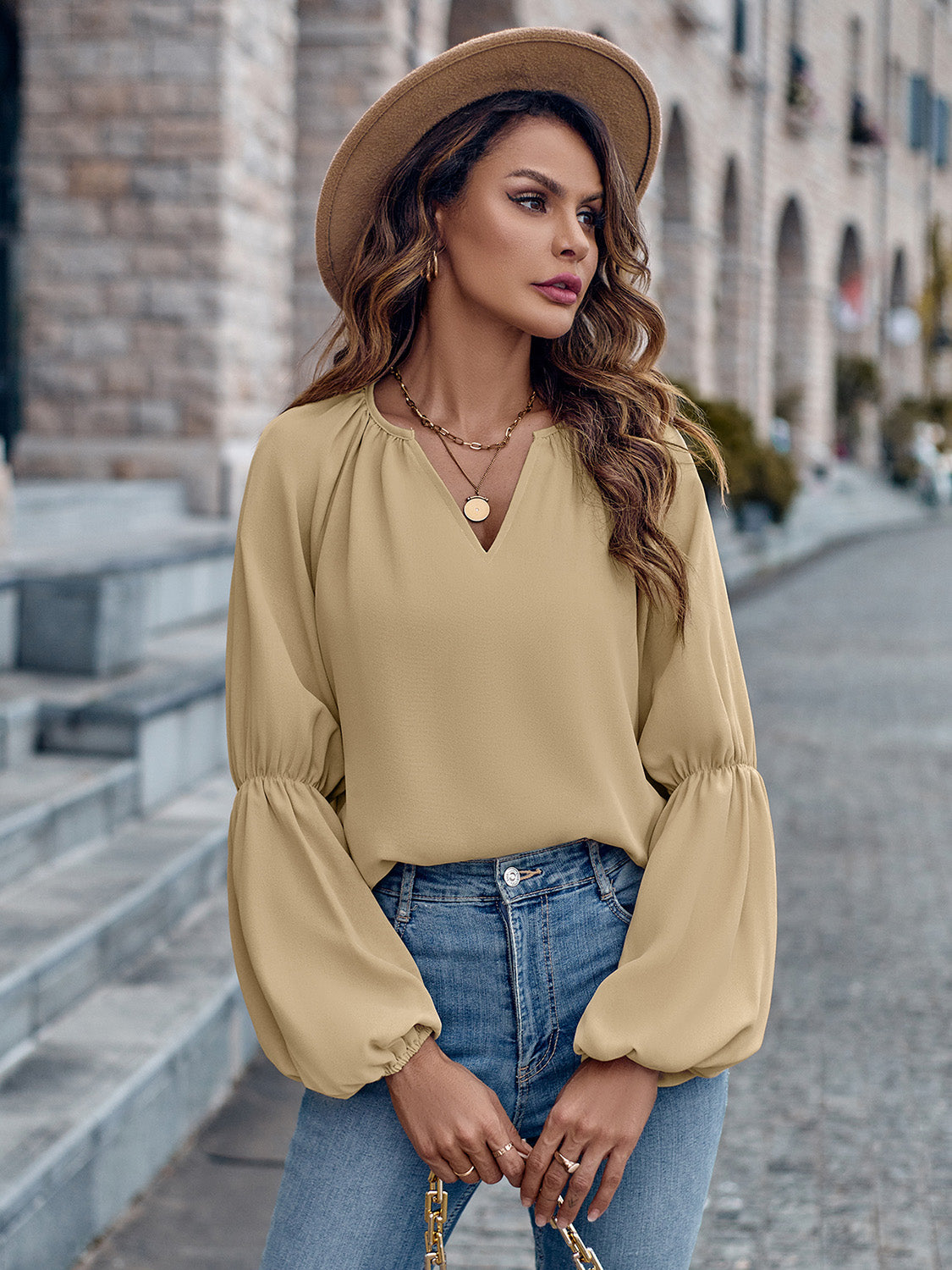 Notched Neck Long Sleeve Top  Southern Soul Collectives 