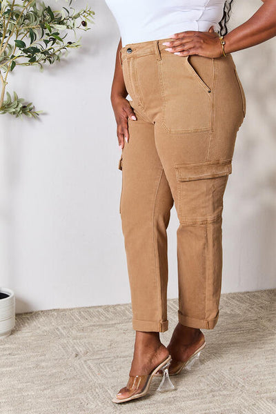 Risen High Waist Straight Cargo Jeans with Pockets in Camel