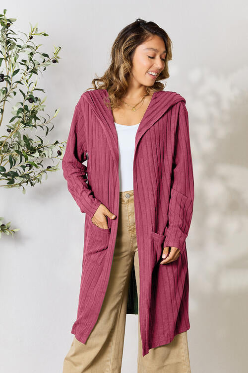 Basics Ribbed Open Front Long Sleeve Hooded Cardigan with Pockets in Multiple Colors  Southern Soul Collectives