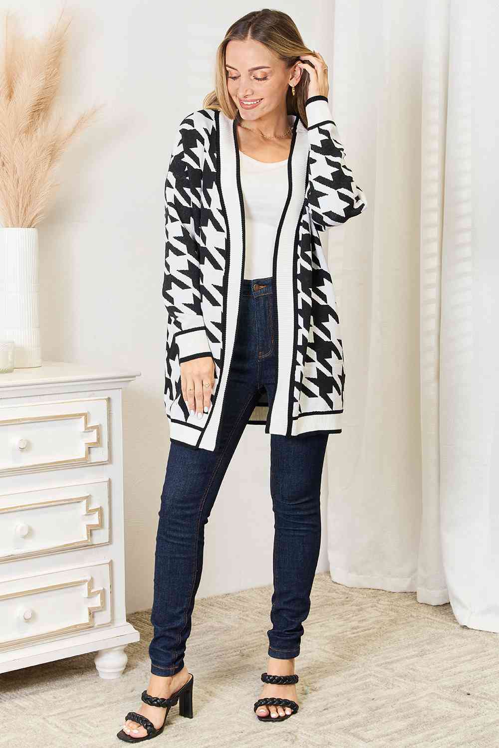 Classic Houndstooth Open Front Longline Cardigan in Black and White - Southern Soul Collectives