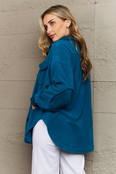 Zenana Cozy in the Cabin Full Size Fleece Elbow Patch Shacket in Teal  Southern Soul Collectives 