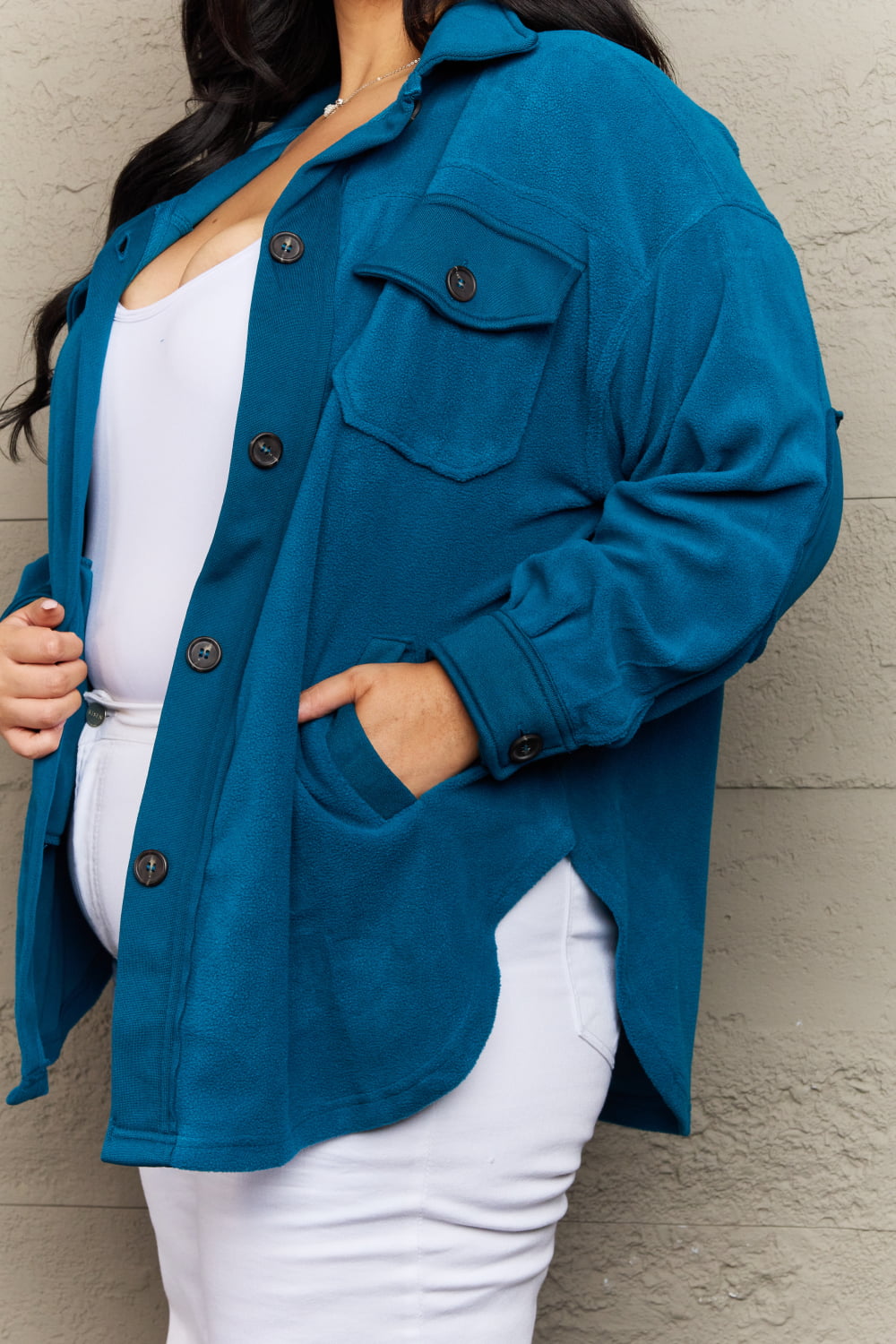 Zenana Cozy in the Cabin Full Size Fleece Elbow Patch Shacket in Teal  Southern Soul Collectives 