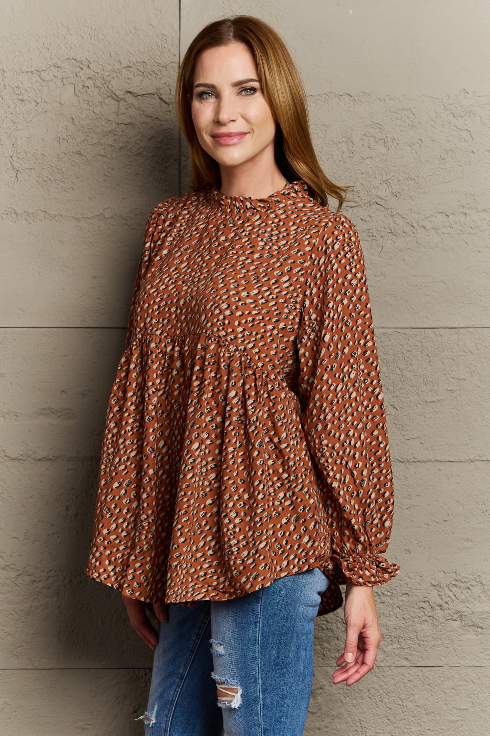 Amaze Me Ruffle Detail Polka Dot Top in Chestnut  Southern Soul Collectives 