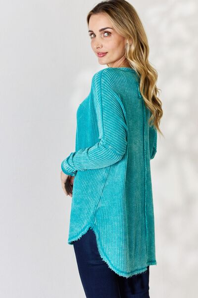 Oversized Washed Waffle Knit Long Sleeve Top in Fuchsia Light Teal  Southern Soul Collectives