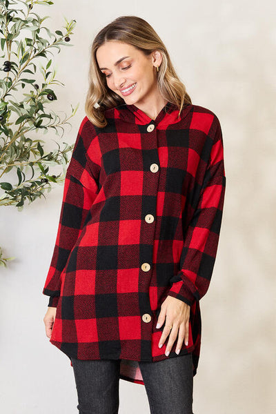 Buffalo Plaid Plaid Button Front Hoodie Shirt in Black and Red