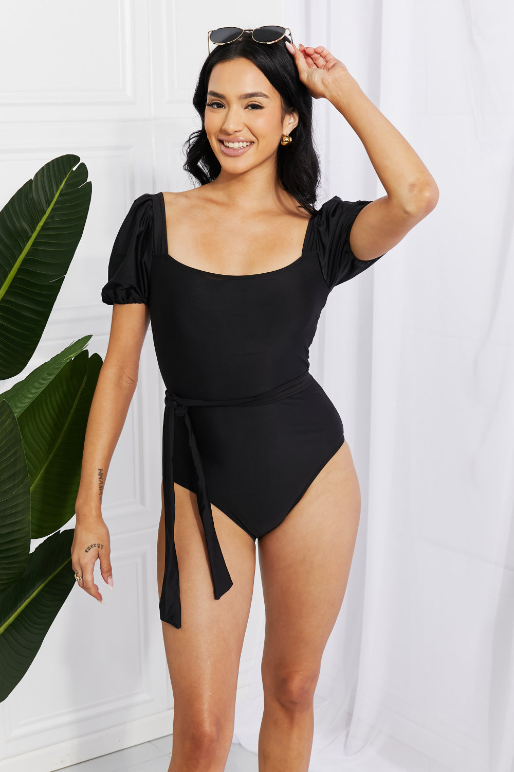 Salty Air Puff Sleeve One-Piece Swimsuit in Black  Southern Soul Collectives 