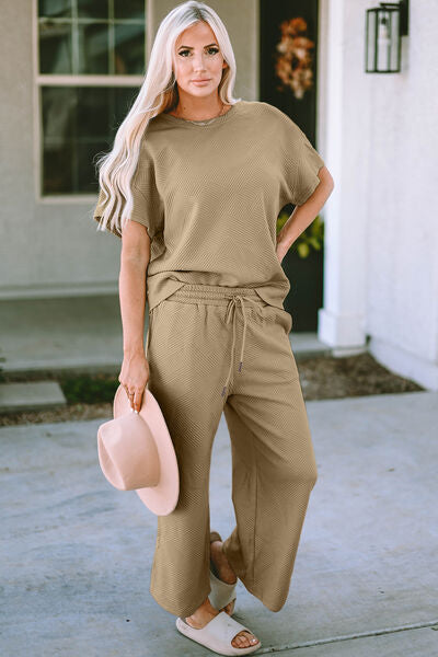 Texture Short Sleeve Top and Wide Leg Pants Set  Southern Soul Collectives