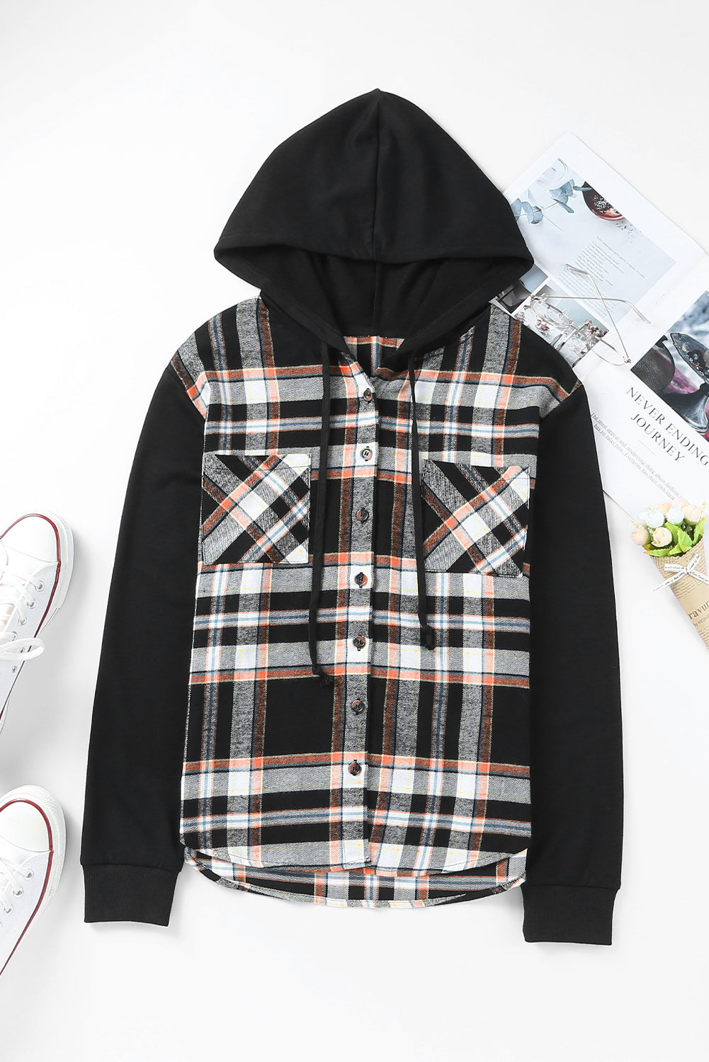 Plaid Drawstring Button Front Hooded Jacket  Southern Soul Collectives 