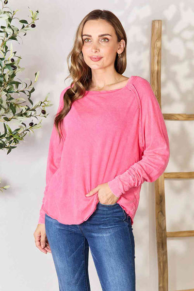 Raw Hem Round Neck Long Sleeve Top with Thumb Holes in Pink