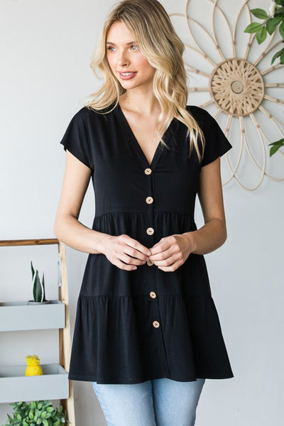 Heimish Buttoned V-Neck Tiered Top in Black  Southern Soul Collectives 